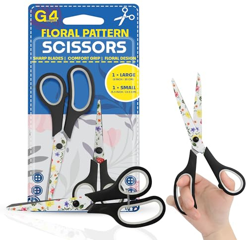 G4GADGET Floral Pattern Scissors 2 Pack – Comfort Grip Multi-Purpose Scissors Set (8 Inch & 5.3 Inch) – Stainless Steel Blades, Soft Handles for School, Office, Kitchen & Home Essentials