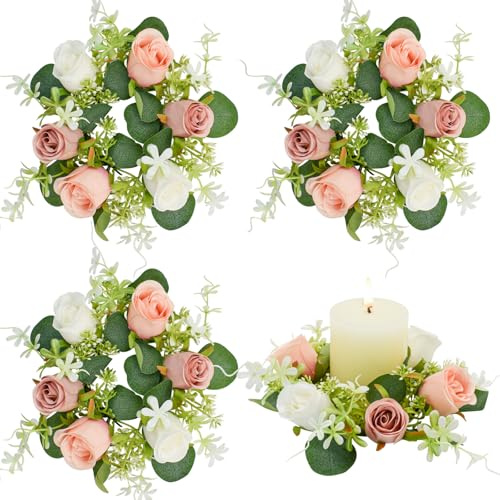 Bacucine Small Candle Rings Wreaths 4Pcs White Rose Artificial Flowers Mini Christmas Wreath for Wedding Kitchen Table Home Decor (Pink)
