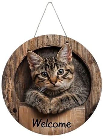 Nbbwwu Cartello di benvenuto – in legno per porta d'ingresso, giocoso ornamento 2D a tema gatto per balcone, giardino, soggiorno, camera da letto, aula Natale