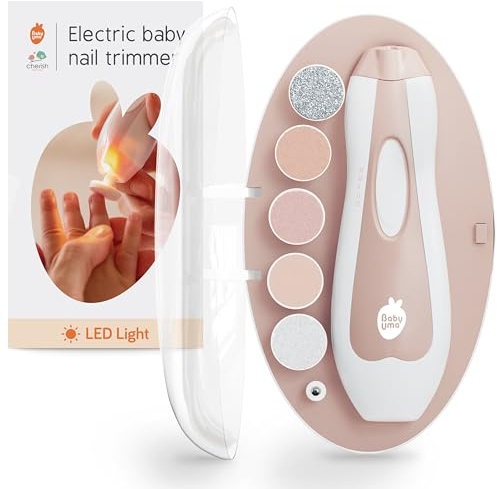 Baby Uma LED baby nageltrimmer elektrisk – automatisk säkerhetsstopp baby nagelklippare, tvåvägad elektrisk babynagelfil med 2 hastigheter och 6 arkiveringsskivor, nödvändigheter för nyfödda (+