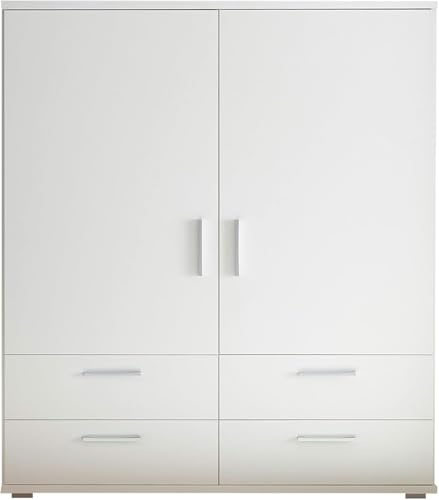 ADELINE Kommode für Schlafzimmer in Weiß mit 2 Türen und 4 Schubkästen | 140 x 140 x 38 cm (B/H/T), Schlafzimmer, Teleskop-Kleiderstange, 2 Böden, pflegeleichte Melamin-Oberfläche, mit Stauraum