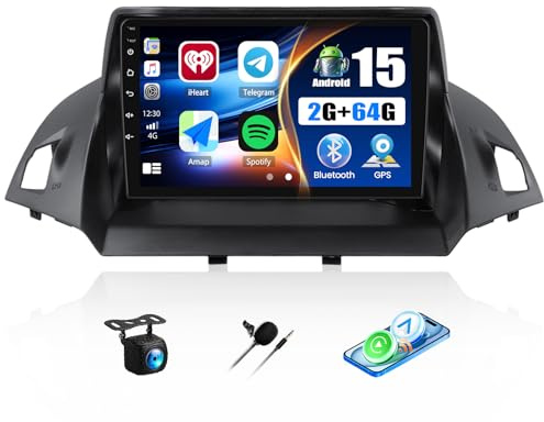 CAEMCHO 2G+64G Android 15 Autoradio für Ford Kuga/Escape 2013-2018 mit Navi Carplay Android Auto,Doppel Din Autoradio mit 9 Zoll Bildschirm,Bluetooth HiFi RDS FM WiFi+Rückfahrkamera