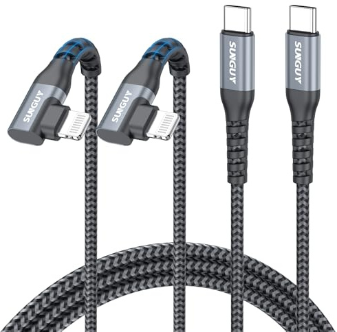SUNGUY Cable iPhone USB C Coudé 90 Degrés 1.5M 2 pièces, Cable USB C vers Lightning Chargeur Rapide Power Tressé Compatible avec iPhone 14/13/12/11 Pro Max Mini X XS XR Plus SE