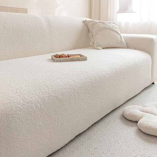 Teddy-Plüsch-Sofabezüge für 2-, 3-, 4- und 5-Sitzer, rutschfest, hoch elastisch, Kratzfest gegen Katzen, einfache Moderne universelle Möbelabdeckung White 2-Seater(145-185cm/57-73in)
