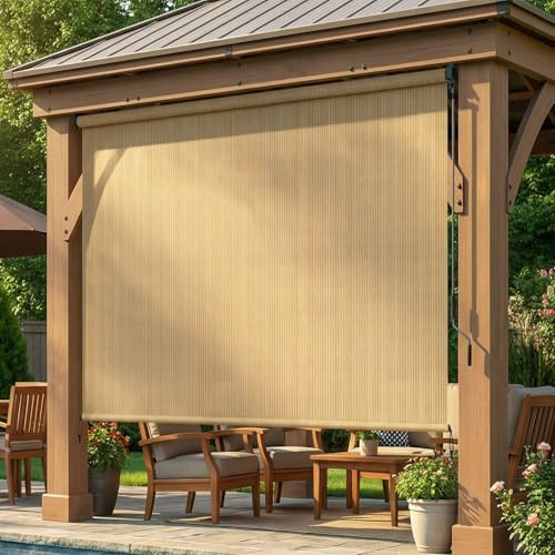 LIFERUN Senkrechtmarkise 180x180 cm, HDPE-Schattentuch für Terrassenpergola | Vertikalmarkise, Balkonmarkise, Aluminiumrohr mit kabelloser Kurbelbedienung, für Balkon, errasse, Garten, Khaki, 1 PCS