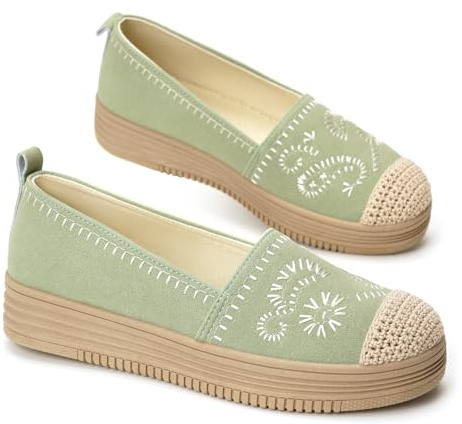 GLAMORA Bailarinas Mujer Manoletinas Merceditas Slip On Lona Zapatos Planos Plataforma Baja Zapatillas Casual Cómodas Primavera Verano Puntera Crochet Estilo Esparto con Detalle Bordado