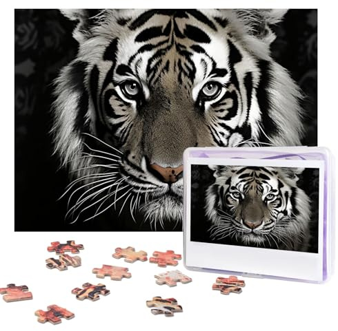 Puzzles, 500 Teile, personalisierbar, Schwarz und Weiß, Tiger-Puzzle, anspruchsvolles Bild mit Aufbewahrungstasche, Fotopuzzle für Erwachsene, Hochzeit (52 x 38 cm)