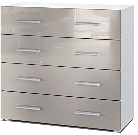 Vladon Sideboard Pavos, Kommode mit 4 Schubladen, Weiß matt/Sandgrau Hochglanz (76 x 72 x 35 cm)