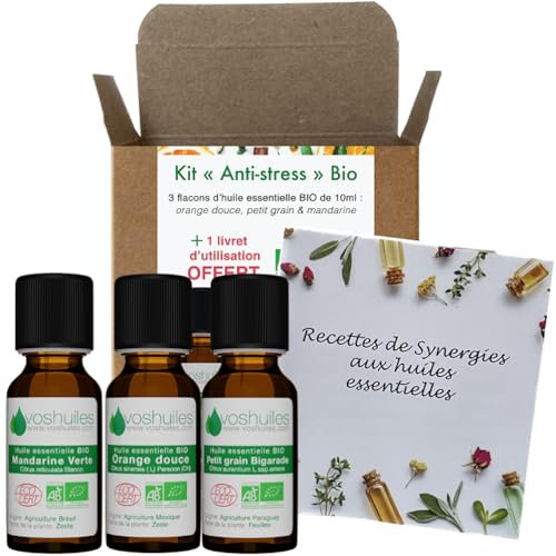 VOSHUILES - Kit Anti Stress - 3 Huiles Essentielles Bio - 100% Pure et Naturelle - HEBBD, Ecocert - Orange Douce, Petit Grain Bigarade, Mandarine Verte - Pour Diffuseur - 3x10ml