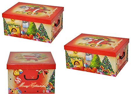 Kreher 3 Stück XL 45 Liter Deko-Kartons, Ordnungsboxen, Stapelboxen mit Deckel und Griffe, 51 x 37 x 24 cm (Weihnachtsmann)