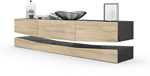 Vladon Lowboard City, Made in Germany, TV-Kommode mit Sockelelement, 1 offenem Fach und 3 Schubkästen, Schwarz Hochglanz/Eiche Sägegrau (178 x variabel x 39 cm)