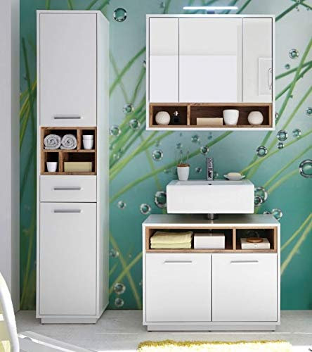 Froschkönig24 Milano Badezimmer 3-TLG. Set Komplettset Badmöbel Weiß/Wildeiche