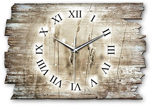 Kreative Feder Designer Wanduhr Gras Relax aus Holz Größe 40x27cm - Funkuhr im Landhaus-Stil Shabby-Style Made in Germany leise ohne Ticken (Gras, leises Funkuhrwerk)