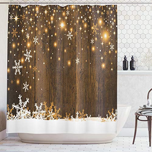ABAKUHAUS Natale Tenda da Doccia, Legno e Fiocchi di Neve, Tessuto Set di Decorazioni per Il Bagno con Ganci, per la Vasca da Bagno, 175 cm x 200 cm, Marrone Bianco