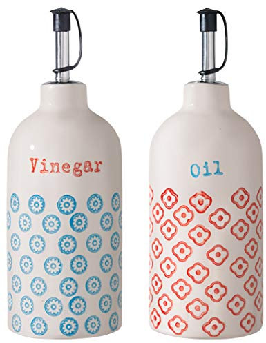 Bloomingville Essig-Öl-Set Emma Retro Essig und Öl Flaschen Set ø 7 H 20 cm, blau rot, Keramik, 2er Set, fasst ca. 400 ml