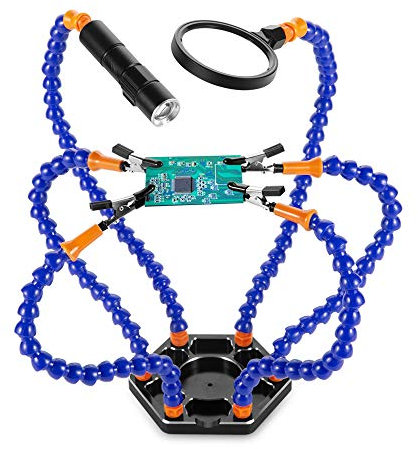 Helping Hand Soldering Third Hands Vise with 6 Flexible Arms LED Flashlight Magnifying Glass Aluminum Base for Soldering, Assembly, Repair, Modeling, Hobby, Crafts, Jewelry Making (Blue)