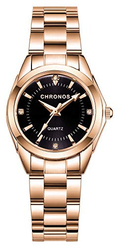 SMAEL Femmes Montres, L'ananas Classique Élégant Strass Acier Inoxydable Bracelet Cuir Quartz Montre-Bracelet (Or Rose + Noir)