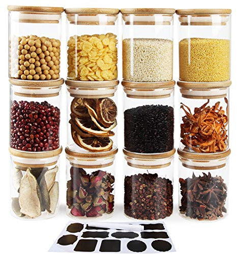 Aoligei Bocaux Conservation Verre,bocal en verre avec couvercle, 200ml Lot de 12 Pot de Bocal en Verre avec Couvercle en Bambou et Rondelle en Silicone pour Épices, Haricots, Bonbons