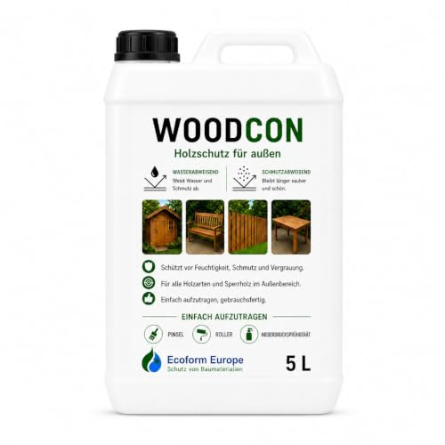 Woodcon Holzversiegelung | Holz und Multiplex wasserabweisend machen | Holzschutz | ergiebig | kein Mattglanz | überstreichbar | 5 liter