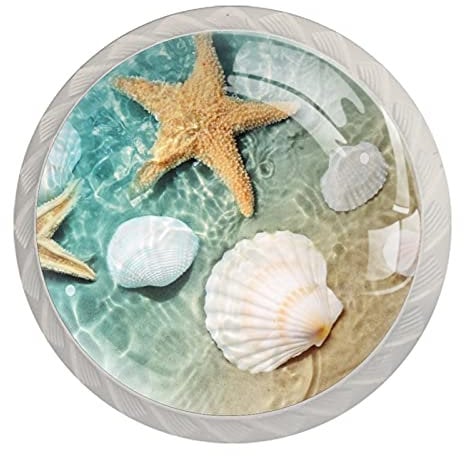 4 Pack Dresser Drawer Cabinet Knobs Beach Starfish Seashell Round Shape Crystal Glass Pulls Handles for Kitchen Wardrobe Cupboard Door Hardware with Screws