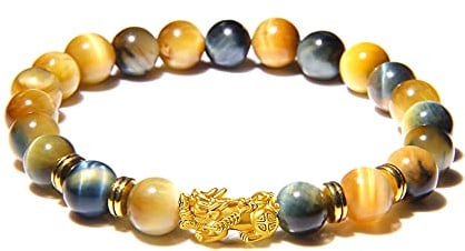 XIMEO Feng Shui Glücksarmband - Natürliches Gold Tigerauge Heilende Energie Perlen Armband, Pixiu Dragon Charm Armband Zieht Reichtum, Schmuck für Damen und Herren, 7.8