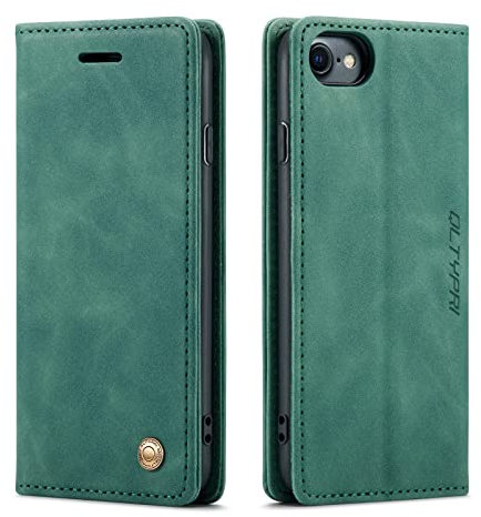 QLTYPRI Case for iPhone 7/8/SE 2020/SE 2022 5G, Vintage PU Leather Wallet Case Card Slot Kickstand Magnetic Closure Shockproof Flip Folio Case Cover for iPhone SE 2022/SE 2020/8/7 - Dark Green