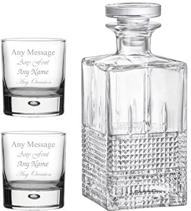 Personalised Engraved 2 x 11.5oz Bubble Whisky Glasses and (un-Engraved) Bartender Decanter Any Message Set