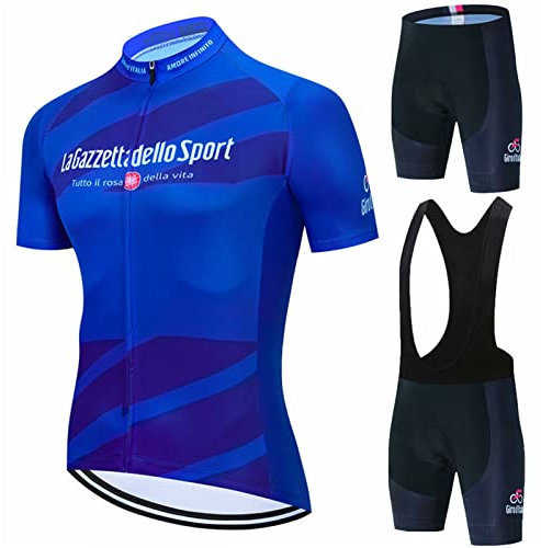 Abbigliamento Ciclismo da Uomo,Maglia Manica Corta+Pantaloncini+ Salopette Ciclismo Con Cuscinetto in gel 20D,Abbigliamento da Ciclismo Traspirante Elastico Set (Blu,4XL)