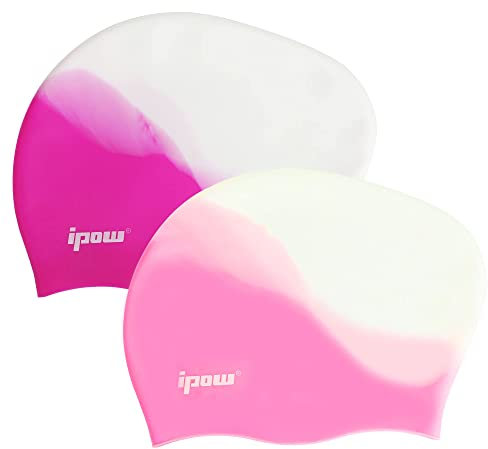 ipow Badekappe 2-Stück Silikon Bademütze Badehaube für Lange Haare gesund und warm Swim Cap (Weiß+Purple+Pink)