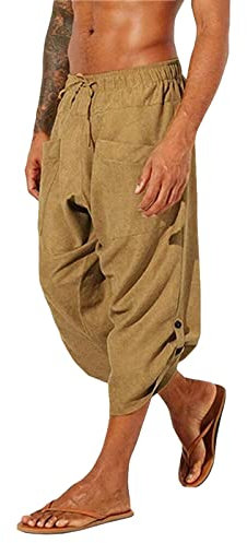Beokeuioe Herren Loose Fit Pluderhose Leicht Boho Sommerhose mit Taschen Herren Kurz Hose 3/4 Leinenhose Baggy Pluderhose Mit Schnürung hose Wikinger Pirat Mittelalter Kostüm