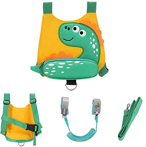 Baby Walking Harness Backpack with 2M Wrist Reins, Cartoon Anti-Lost Leash Backpack with Child Safety Wristband, Mini Safety Backpacks for 1-3 Years Toddler Little Kids Boys Girls, Green Dinosaur