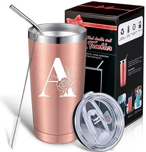 Tasse de voyage avec initiale personnalisée de 591 ml avec boîte cadeau pour mariage, anniversaire, remise de diplôme, anniversaire, cadeau de Noël pour femme, maman, sœur, enseignante, collègue (A)