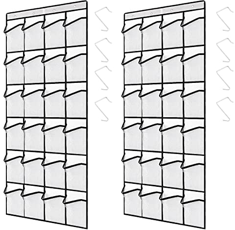ZOENHOU 2 Pack Over the Door Storage Organiser, Hanging Shoe Rack Holder with 48 Large Mesh Pockets 8 Hooks, Fabric Over Door Shoe Organizer for Wardrobe Bedroom Gadget, 144x50cm, White