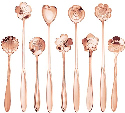 9 Pcs Flower Spoon Coffee Teaspoon Set, ESRISE Stainless Steel Tea Spoon essert Spoon, Cute Demitasse Scoop for Stirring Drink Mixing Milkshake Jam (Rose Gold), 22 x 10, FGH678