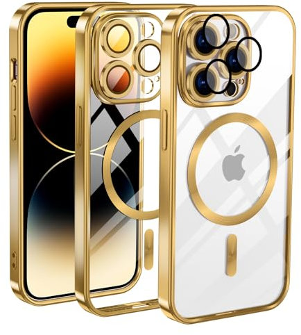 KetteTech Coque Magnétique pour iPhone 13 Pro Max, Compatible avec MagSafe Étui Protection Antichoc Militaire Silicone Ultra Mince Housse Anti-Vibration et Anti-Empreintes, Or Transparent