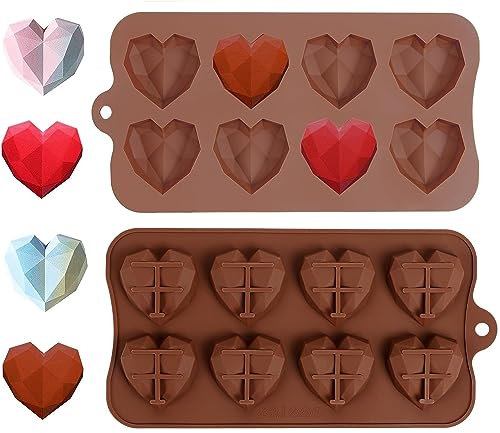 2 moldes de silicona para gelatina de corazón, 8 cavidades en forma de corazón de diamante, moldes de chocolate de silicona 3D, moldes de silicona para derretir cera de diamante de amor, molde de