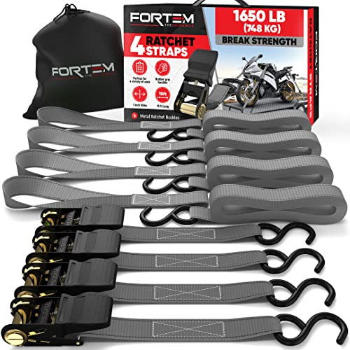 FORTEM Spanngurte, 680 kg Bruchfestigkeit, 4 x 4,57 m Ratschengurte mit S-Haken, 4 weiche Zurrschlaufen, Grau