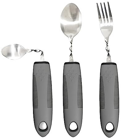 Lot de 3 NUZAMAS Adaptive Cutterly Built Up Cuillère fourchette pliable Cuillère à tremblements Adultes Personnes âgées Arthrite et Parkinson Gris