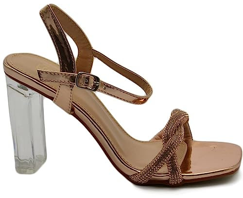 Sandalo Donna Gioiello Oro Rosa Champagne con Strass Tacco Trasparente Largo 10 cm Cerimonia Cinturino alla Caviglia (38 EU)