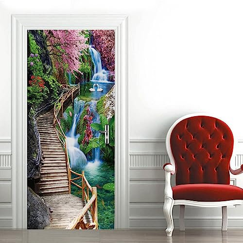 A.Monamour Sticker Porte Autocollant Poster De Porte 3D Passerelle En Bois Jusqu'Au Sommet Du Paysage Du Jardin De La Cascade Vinyle Affiche De Porte Sticker Mural Papier Peint Art Décor 85x200cm