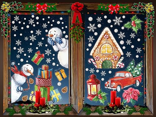 LOKIPA Christmas Window Cling Stickers, 8 Sheet Snowman Christmas Gifts Stickers Decals for Christmas Window Display