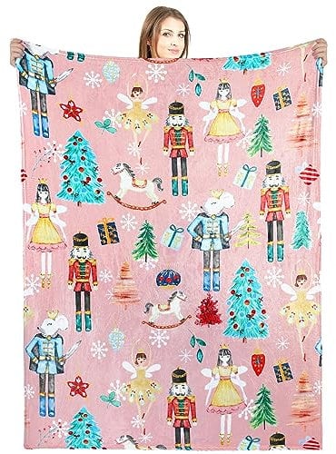 Buryeah Christmas Nutcracker Throw Blanket Soldier Prince Fairy Mouse Gift 60 x 50 Inches Ballet Nutcracker Christmas Soft Blanket for Xmas Home Sofa Couch Bed Decor(Pink)