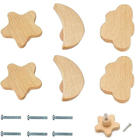 Grasslandy Knöpfe Schrank Kinderzimmer, 6 Stück Schrankknöpfe Holz Kinder Möbelknöpfe Holzgriffe Für Schränke, Möbelknauf Knöpfe Kommode Baby Kinderzimmer, Geschenkidee - Mond Stern Wolke Design