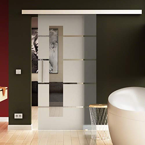 SoftClose/SoftStop Glasschiebetür 650 x 2050 mm im 5Streifen-Design mit Lichtausschnitt Sadora® SlimLine-System komplett Laufschiene und Stangengriff beidseitig. ESG-Sicherheitsglas