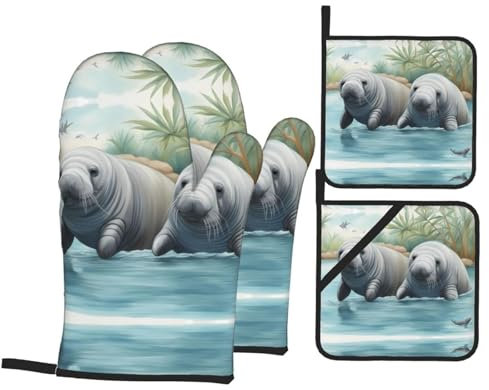 YYHHAOFA Seekuh Tiere Küche Backen vierteiliges Set - Isolierter Ofenhandschuh und Topflappen für dicken und langlebigen Verbrühschutz