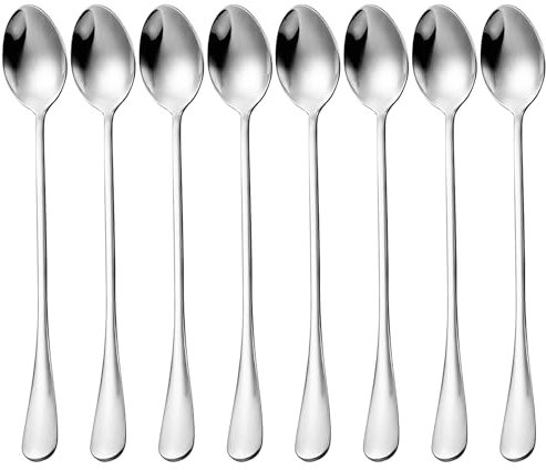 MAXQUU Juego de 8 cucharas de acero inoxidable para helado de acero inoxidable con mango largo, adecuadas para café, helado, moca, cócteles, para tazas altas y tazas de leche (plata).