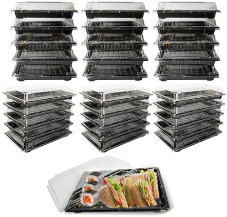 YKUKIZEE 30 Pack Buffet Trays with Lids, Sandwich Platters Trays with Clear Lid, Plastic Catering Trays with Clear Lids for Party Food Cake Sushi 260x190x50 mm