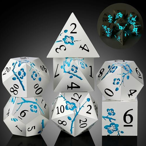 DNDND - Dados metálicos de flores que brillan en la oscuridad, juego de 7 dados metálicos azules con hermosa caja de regalo para juegos de mesa de calabozos y dragones (brilla en la oscuridad)