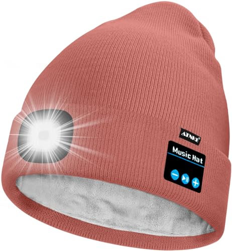 ATNKE Unisex LED Bluetooth Mütze mit Licht,Wiederaufladbare USB 4 LED Musik Redner Laufmütze Lampe Winter Warme Gefüttertes Fleece Stricken Mütze für Herren und Damen Geschenke/Bean Paste Powder