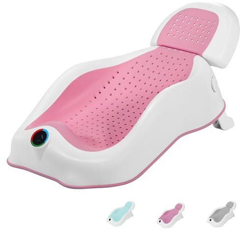 MAIKKB Baby Bath Seat Newborn Bath Seat with Thermometer,Foldable Baby Bath Support 0-6 Months Bath seat,Travel Bath Chair for Bathtub,Baby Essential Newborn Essential (Pink)